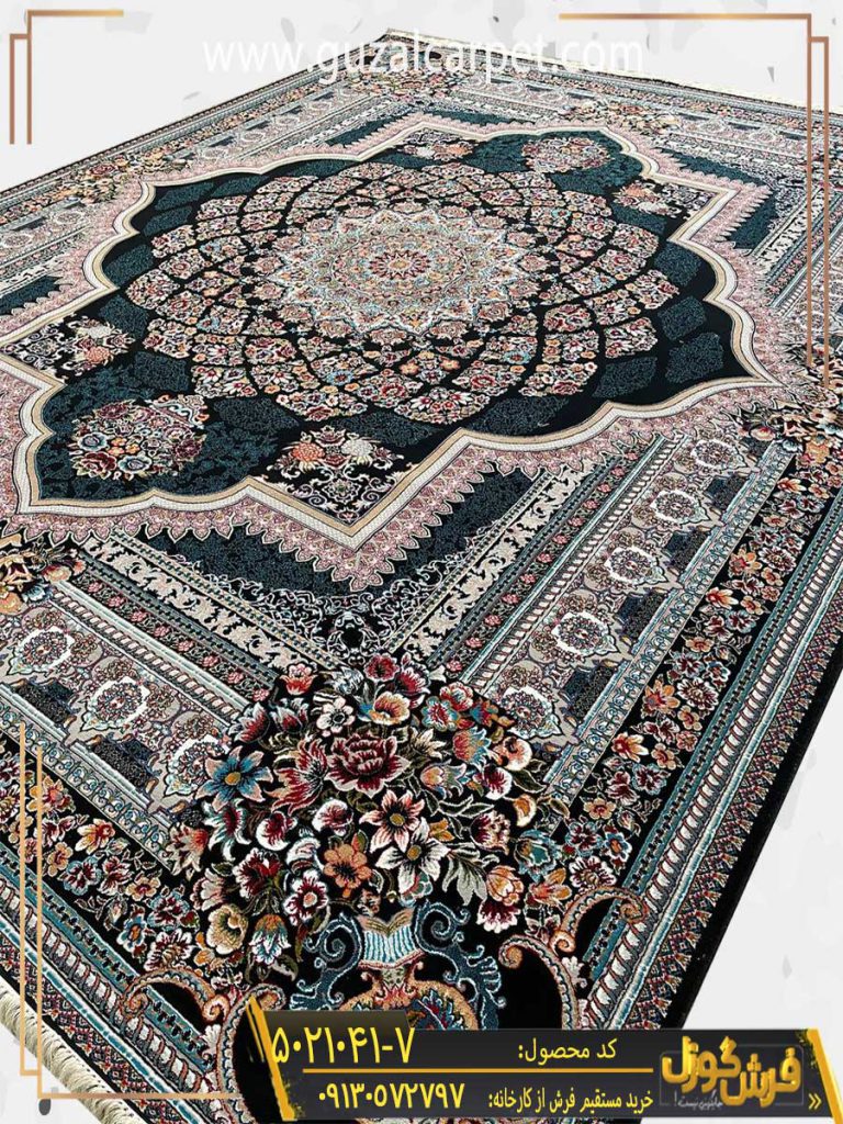 فرش طرح 700 شانه طرح لوکس زمینه سرمه ای کاشان
