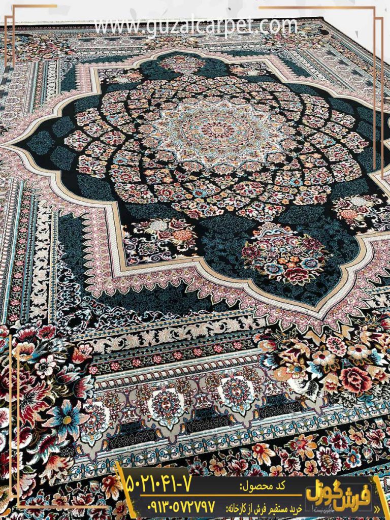 فرش طرح 700 شانه طرح لوکس زمینه سرمه ای کاشان