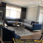فرش طوسی آبی گل برجسته جدید و شیک - ست فرش طوسی آبی با مبلمان - خرید فرش مدل طوسی آبی جدید وینتیج کاشان از کارخانه