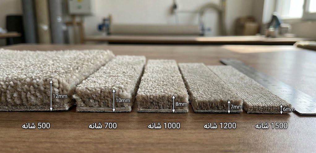 مقایسه انواع ضخامت فرش های 9 متری 500 شانه، 700 شانه، 1200 شانه و 1500 شانه کاشان