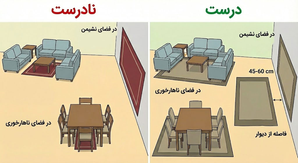 چیدمان صحیح فرش ماشینی بر اساس سایز در دکوراسیون